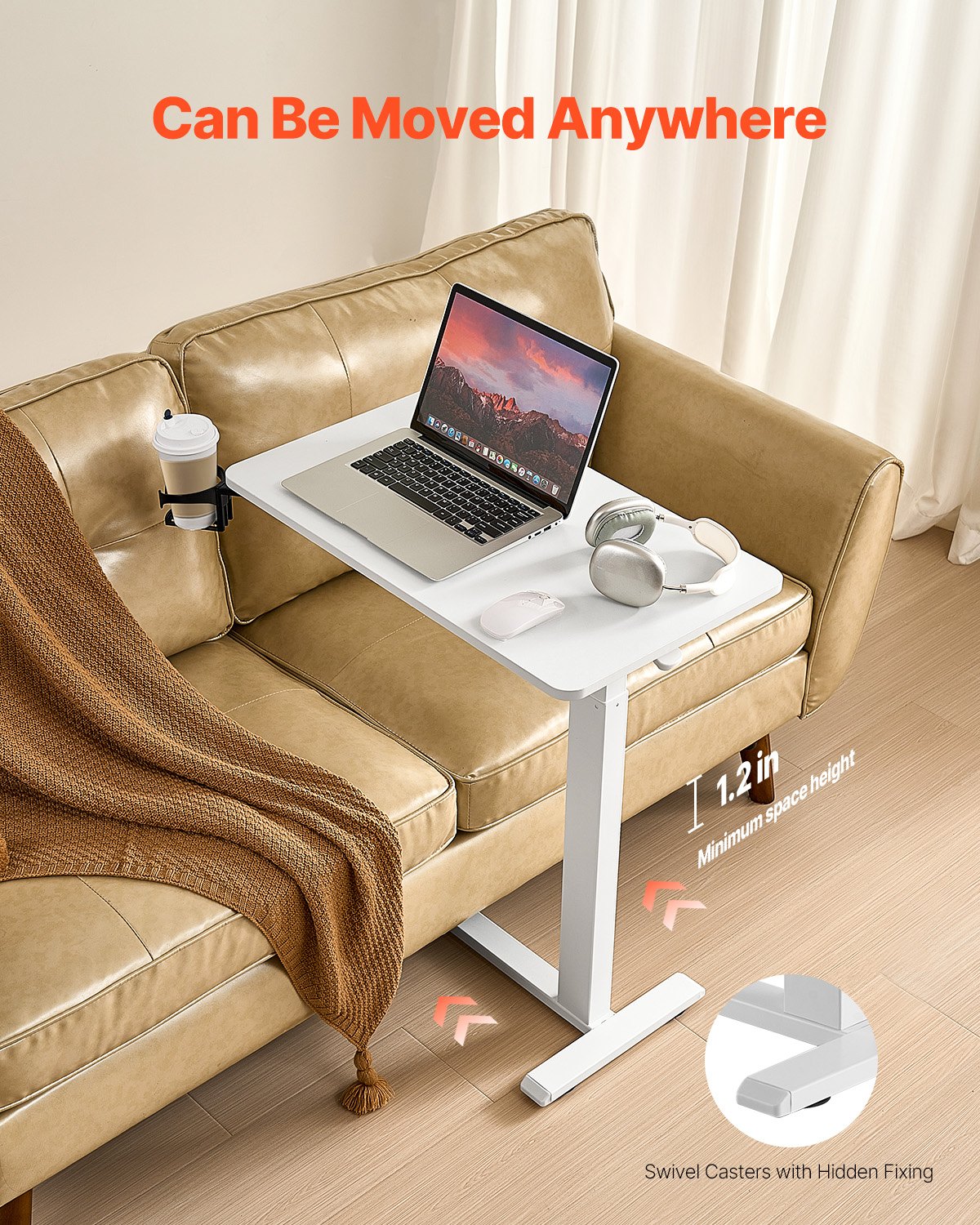 VEVOR Mesa de Cama, Mesa Auxiliar Móvil con 4 Ruedas Ocultas, Altura Ajustable Escritorio para Portátil con Portavasos, Escritorio Portátil de Aglomerado para Cama, Oficina y Estudio, Blanco