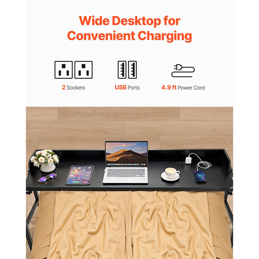 VEVOR Mesa de Cama, Mesa Auxiliar Móvil con 4 Ruedas (2 con Freno) y Toma de Corriente Altura Ajustable Escritorio para Portátil con Ruedas Escritorio Portátil de Aglomerado para Hogar, Negro