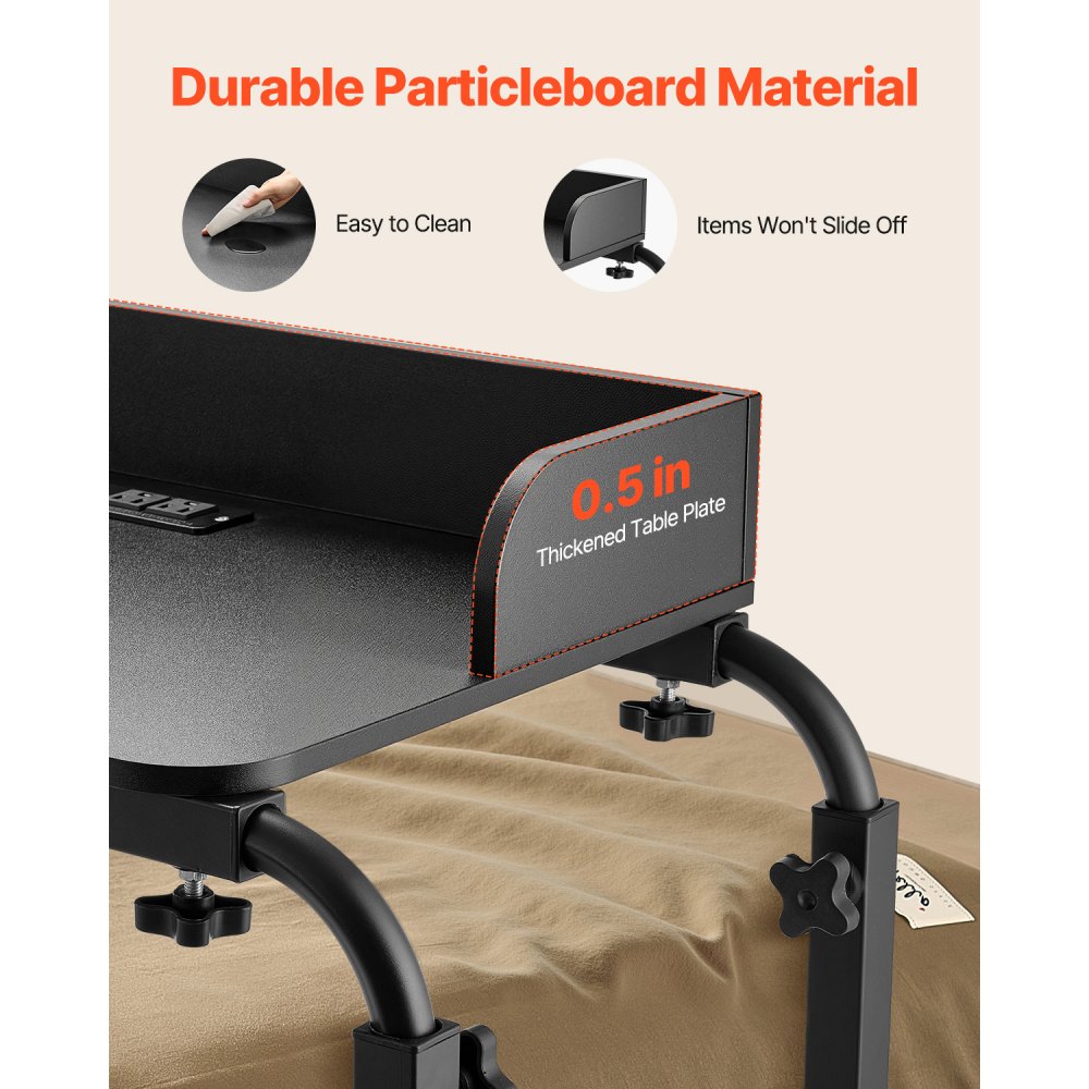 VEVOR Mesa de Cama, Mesa Auxiliar Móvil con 4 Ruedas (2 con Freno) y Toma de Corriente Altura Ajustable Escritorio para Portátil con Ruedas Escritorio Portátil de Aglomerado para Hogar, Negro
