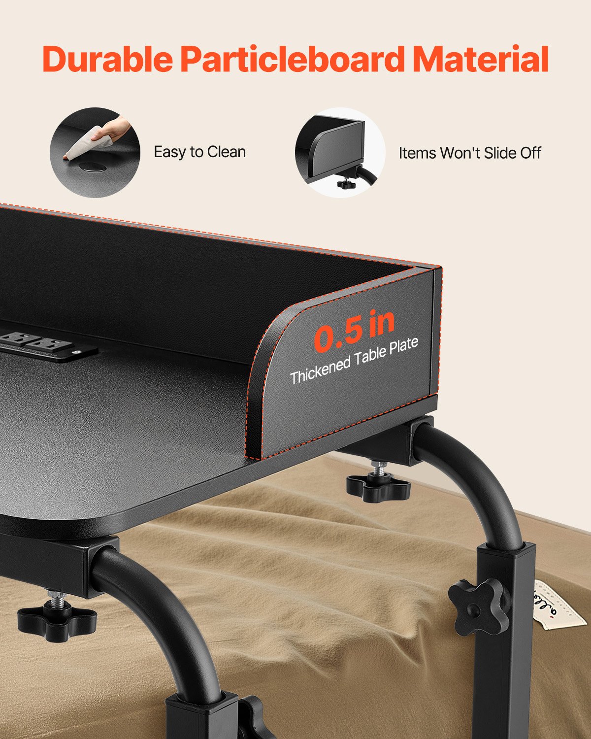 VEVOR Mesa de Cama, Mesa Auxiliar Móvil con 4 Ruedas (2 con Freno) y Toma de Corriente Altura Ajustable Escritorio para Portátil con Ruedas Escritorio Portátil de Aglomerado para Hogar, Negro