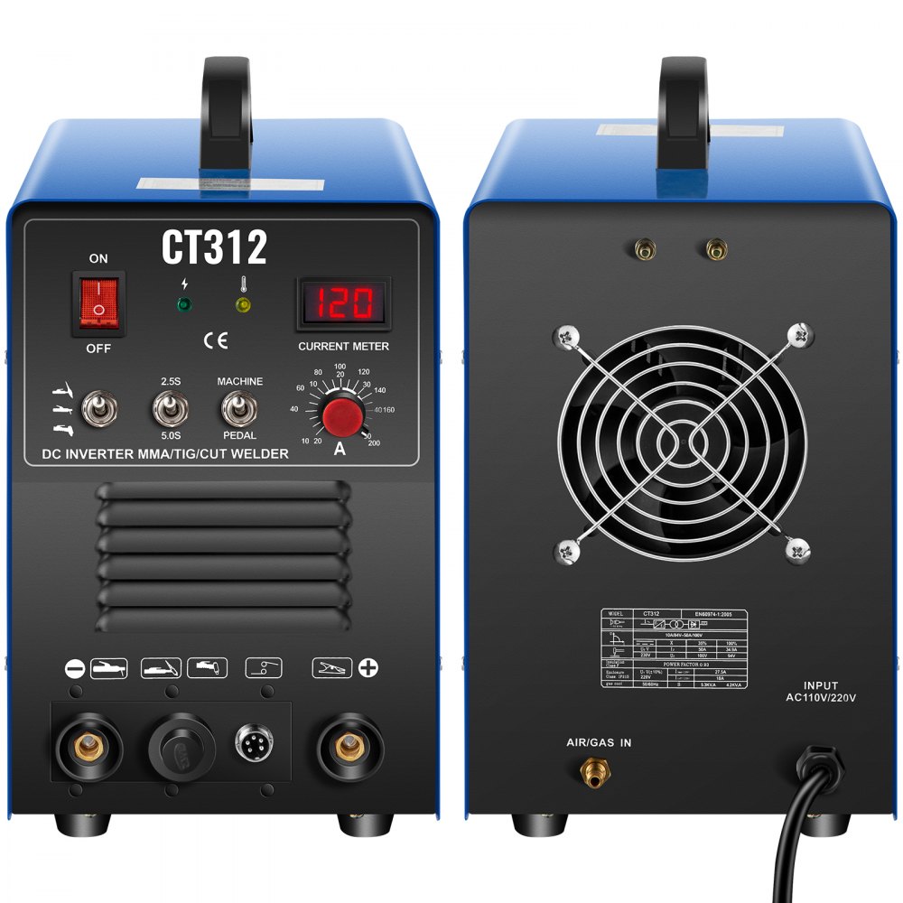 VEVOR Soldadora Inversor IGBT, CT-312 Multifunción 3 en 1, Cortadora de Plasma / TIG / MMA, 4,2 kVA, 20 - 120 A, Máquina de Soldadura TIG Inverter por Arco Espesor de Soldadura, 1 - 8 mm, Panel LCD