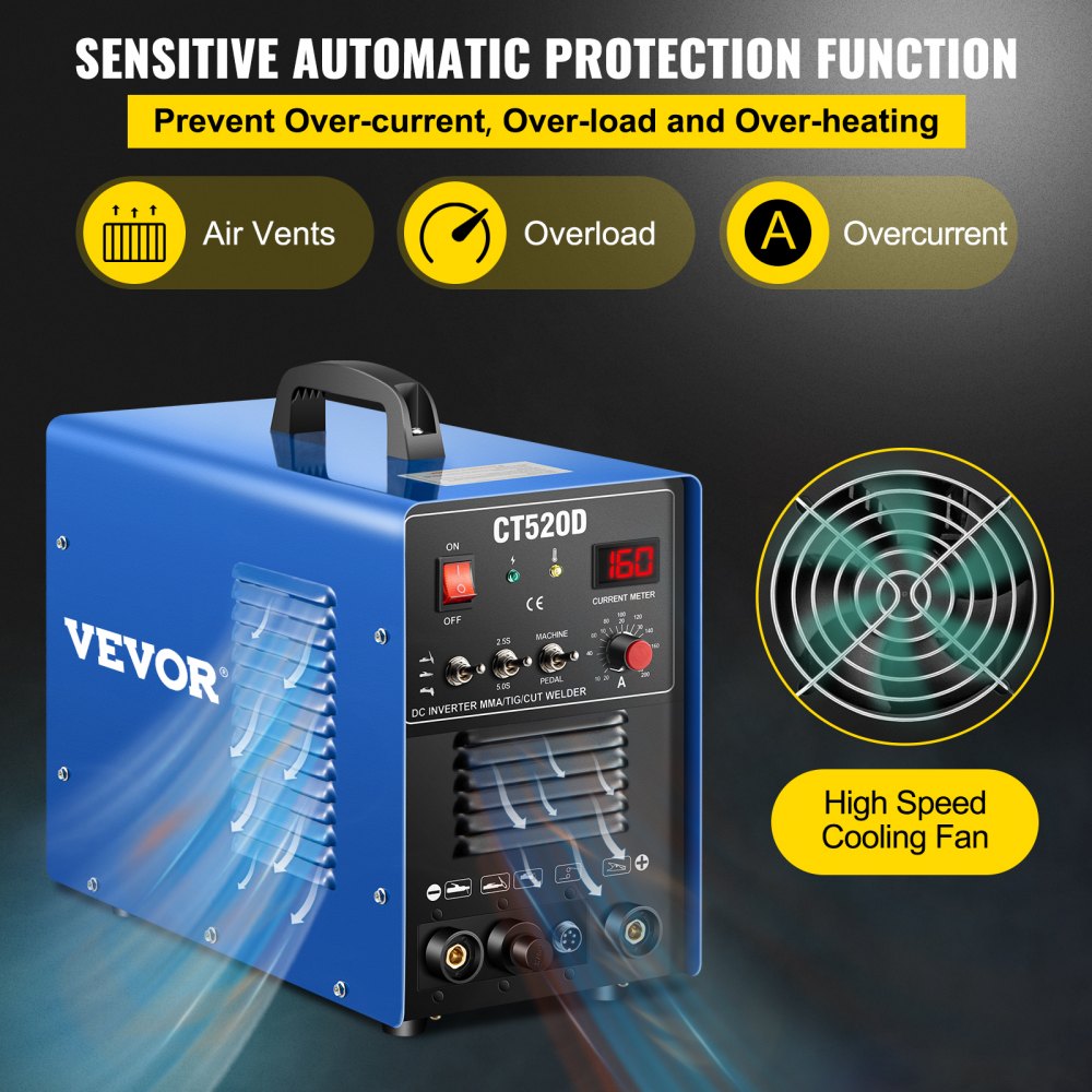 VEVOR Soldadora Inversor, CT520D Multifunción Combo 3 en 1 Cortadora de Plasma/TIG/MMA, 220 V, 1 - PH, 50/60 Hz Máquina de Soldadura TIG Inverter por Arco 60% a 50 amperios Panel de Monitor LCD