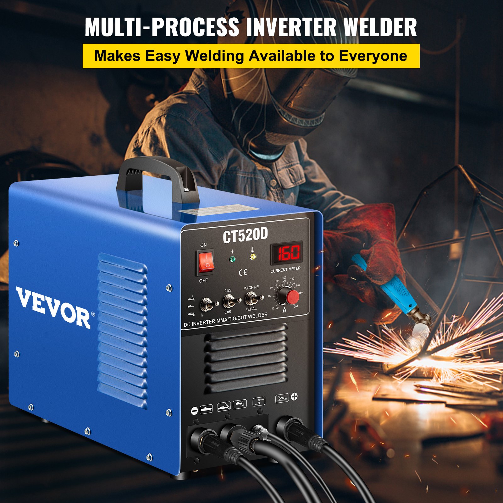 VEVOR Soldadora Inversor, CT520D Multifunción Combo 3 en 1 Cortadora de Plasma/TIG/MMA, 220 V, 1 - PH, 50/60 Hz Máquina de Soldadura TIG Inverter por Arco 60% a 50 amperios Panel de Monitor LCD
