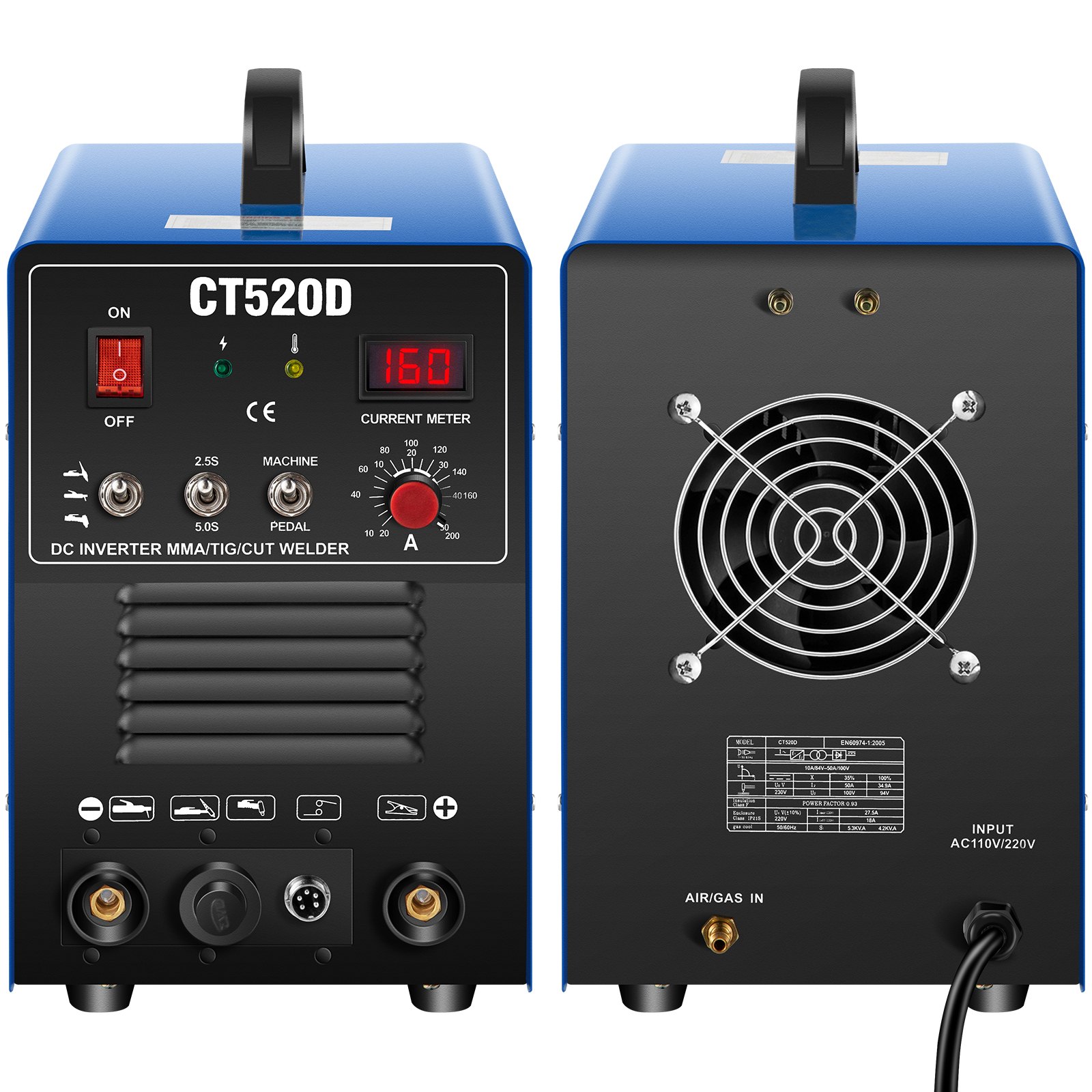 VEVOR Soldadora Inversor, CT520D Multifunción Combo 3 en 1 Cortadora de Plasma/TIG/MMA, 220 V, 1 - PH, 50/60 Hz Máquina de Soldadura TIG Inverter por Arco 60% a 50 amperios Panel de Monitor LCD