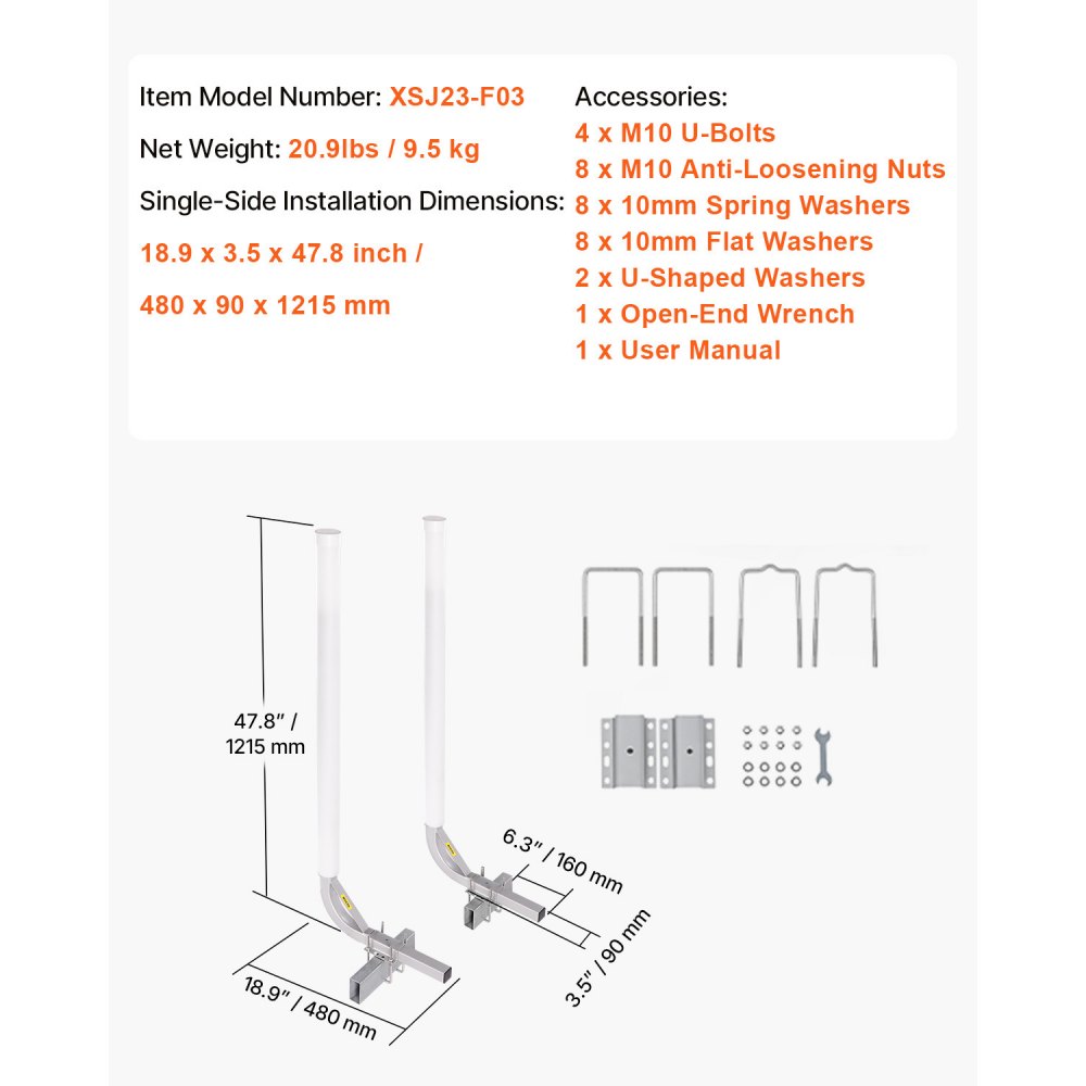 VEVOR  Guía para Remolque de Barco 121,5cm Ancho Ajustable 16 cm Guía de Lanzamiento de Acero Galvanizado con Tubo de PVC para Motos Acuáticas, Barcos de Pesca, Veleros, Botes Inflables, 480x85x1215mm