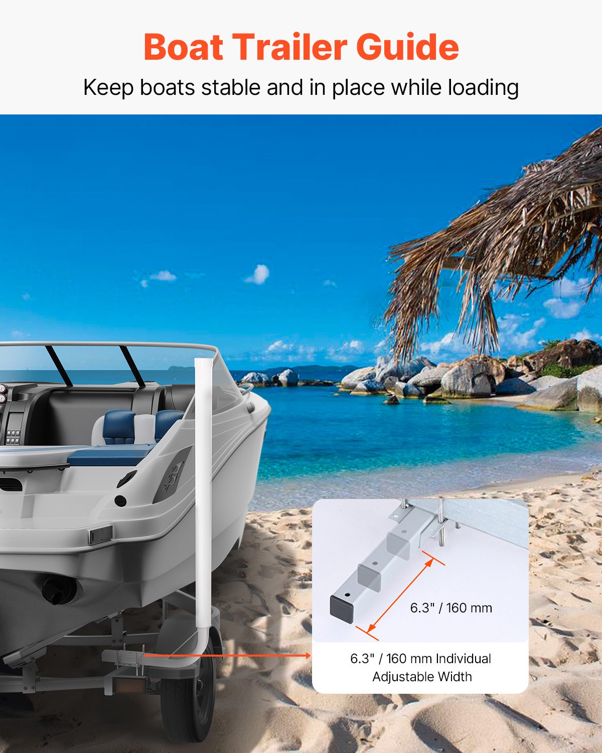 VEVOR  Guía para Remolque de Barco 121,5cm Ancho Ajustable 16 cm Guía de Lanzamiento de Acero Galvanizado con Tubo de PVC para Motos Acuáticas, Barcos de Pesca, Veleros, Botes Inflables, 480x85x1215mm