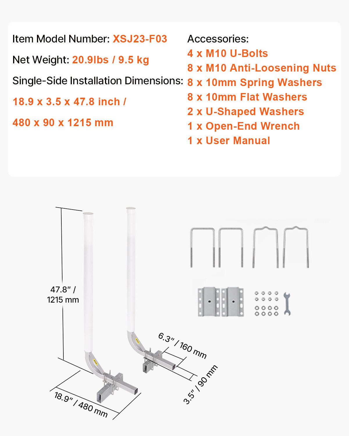 VEVOR  Guía para Remolque de Barco 121,5cm Ancho Ajustable 16 cm Guía de Lanzamiento de Acero Galvanizado con Tubo de PVC para Motos Acuáticas, Barcos de Pesca, Veleros, Botes Inflables, 480x85x1215mm