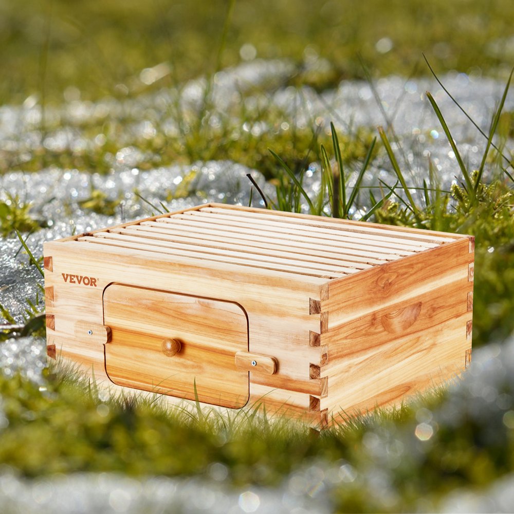 VEVOR Kit de Colmena de Abejas de Madera 10 Marcos con Caja Profunda Madera de Cedro Recubierta de Cera de Abejas Base de Ventanas Acrílicas Transparentes para Apicultores Principiantes Profesionales