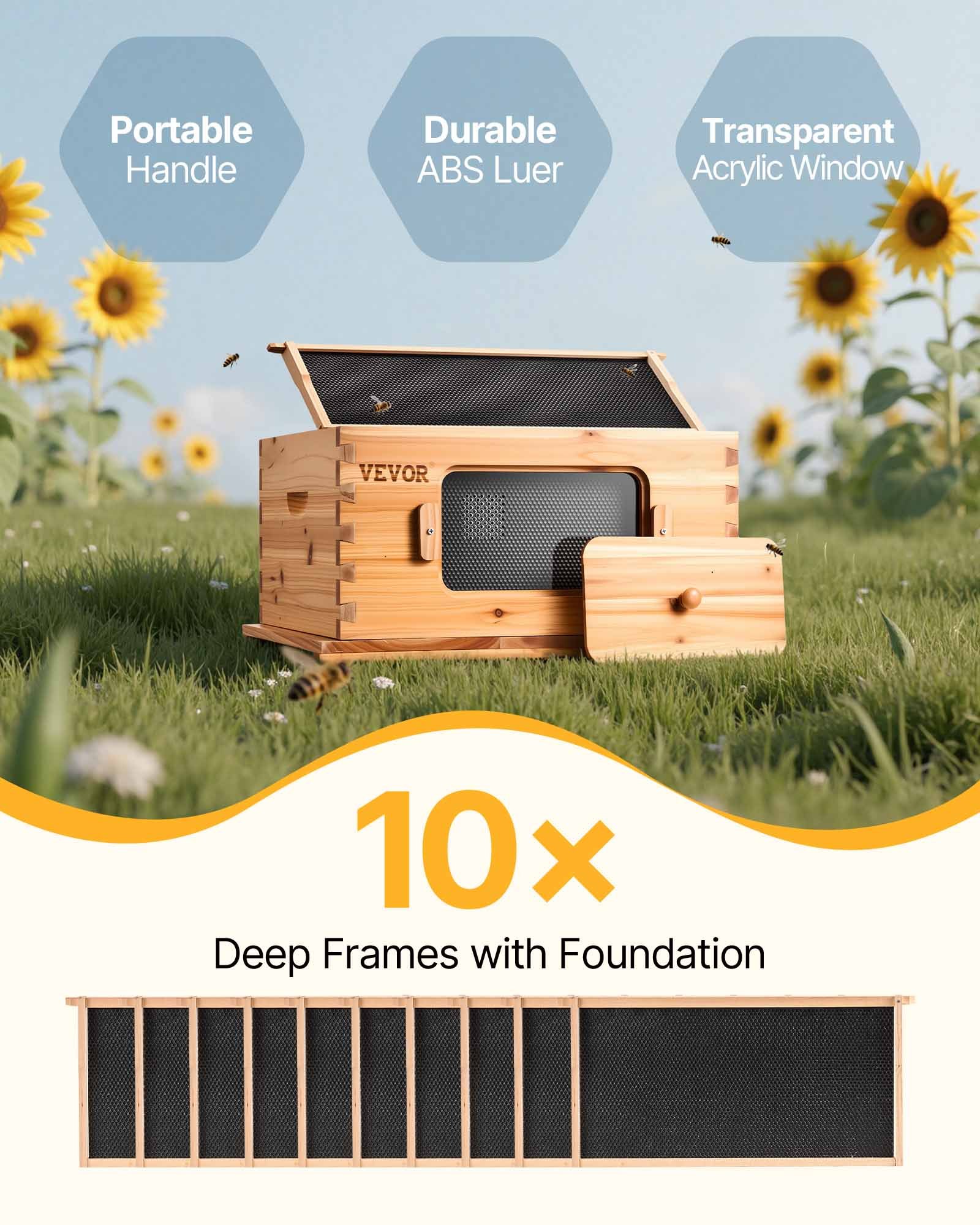 VEVOR Kit de Colmena de Abejas de Madera 10 Marcos con Caja Profunda Madera de Cedro Recubierta de Cera de Abejas Base de Ventanas Acrílicas Transparentes para Apicultores Principiantes Profesionales