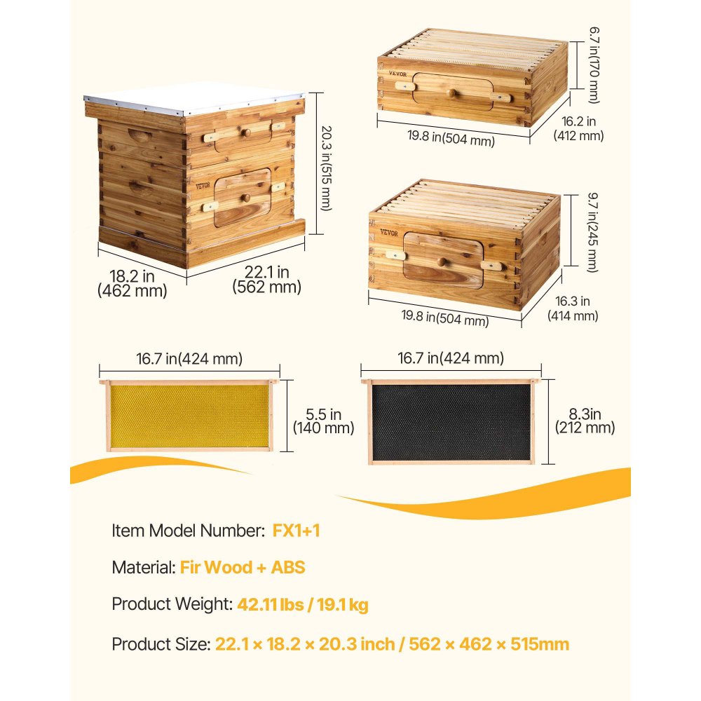 VEVOR Colmena de Abejas 20 Marcos Madera de Cedro Recubierta de Cera de Abejas 1 Caja Profunda 1 Mediana Bases de Ventanas Acrílicas Transparentes para Apicultores Principiantes Profesionales
