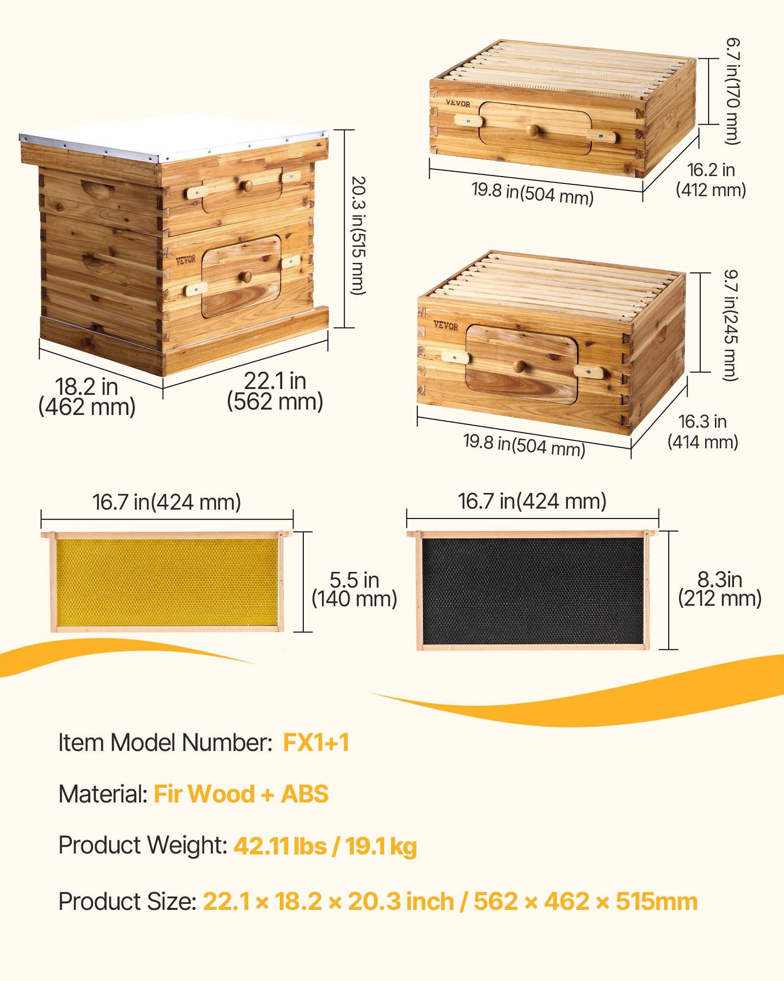 VEVOR Colmena de Abejas 20 Marcos Madera de Cedro Recubierta de Cera de Abejas 1 Caja Profunda 1 Mediana Bases de Ventanas Acrílicas Transparentes para Apicultores Principiantes Profesionales