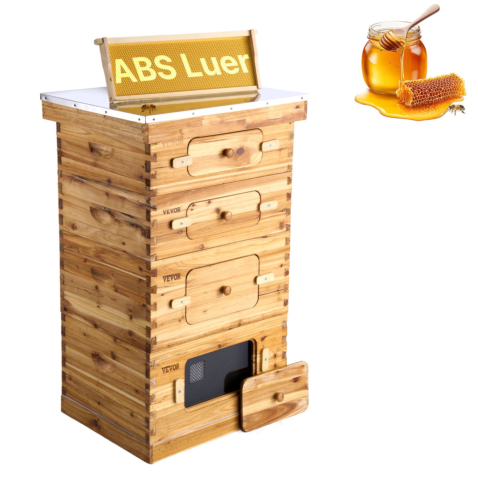 VEVOR Colmenas con 40 Marcos Madera de Cedro Recubierta de Cera de Abejas 2 Cajas de Abejas Profundas y 2 Medianas con Ventanas Acrílicas Transparentes para Apicultores Principiantes y Profesionales