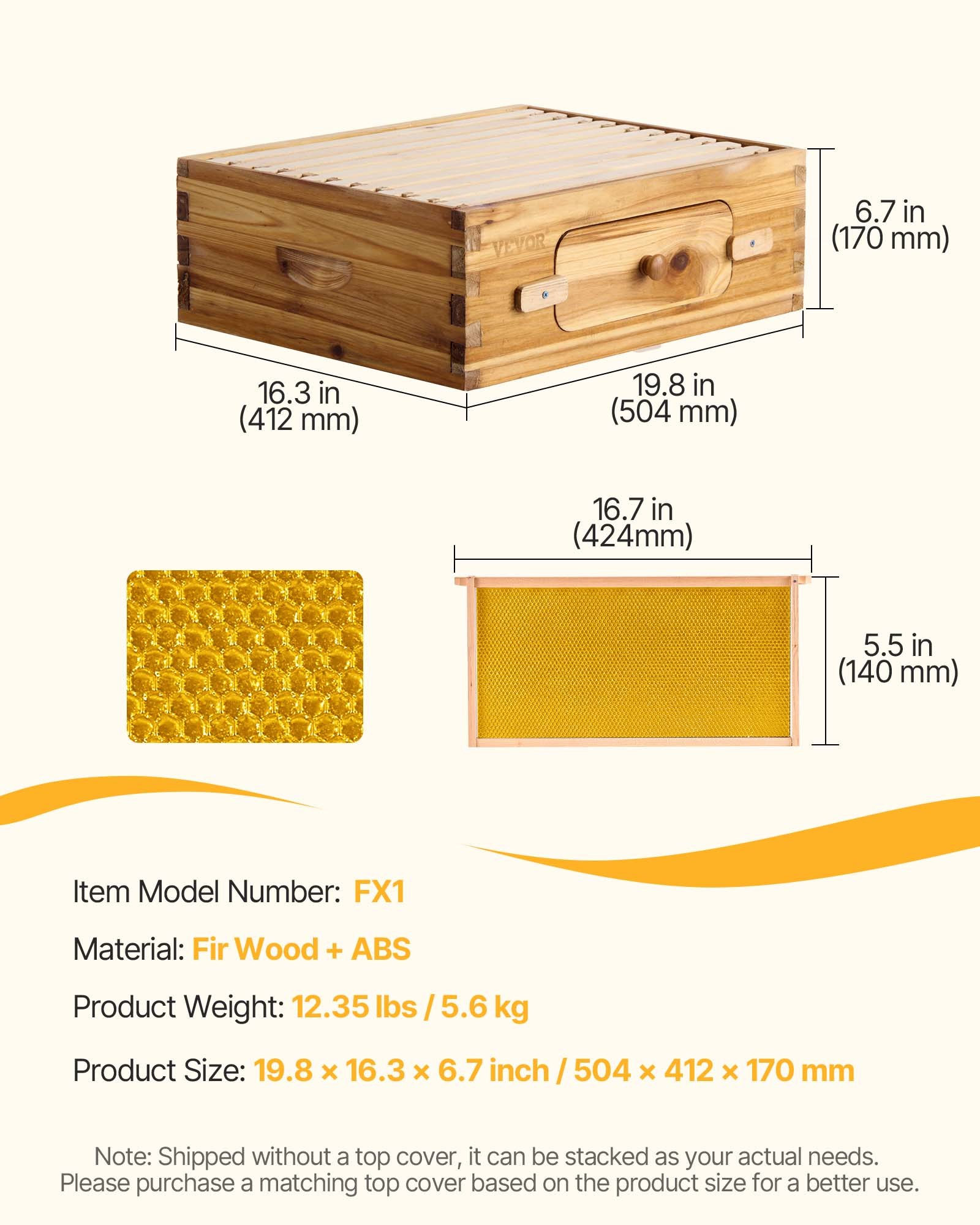 VEVOR Colmena Mediana con 10 Marcos y Cimientos de Madera de Cedro Natural Recubierta de Cera de Abejas, Colmena con Ventanas Acrílicas Transparentes para Apicultores Principiantes y Profesionales