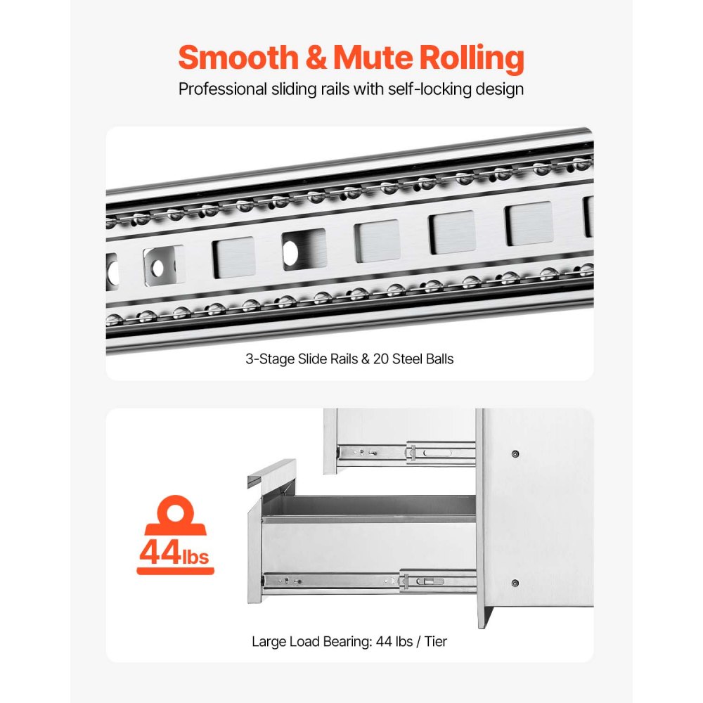 VEVOR Cajonera de Acero Inoxidable Tres Cajones 49 x 37.5 x 66.5 CM Cajonera de Cocina Cajón para Barbacoa Cajonera para Cocina Armario de Cajones Cajón Barbacoa