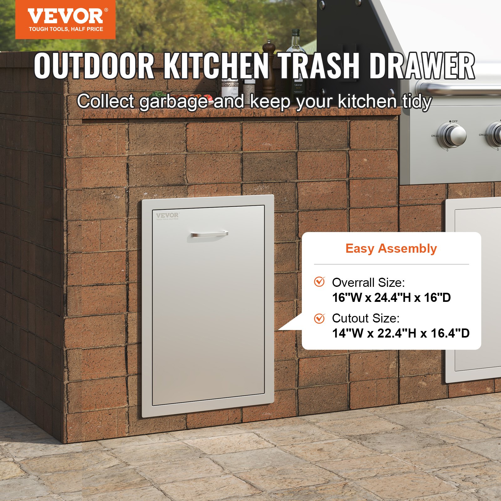 VEVOR Cajonera Incorporado Impermeable 40,6 cm x 55,9 cm x 40,6 cm, Cajonera para Gas Propano Envasado para Basura, Diámetro del Agujero 30 mm, Cajonera de Acero Inoxidable con Rieles Deslizantes