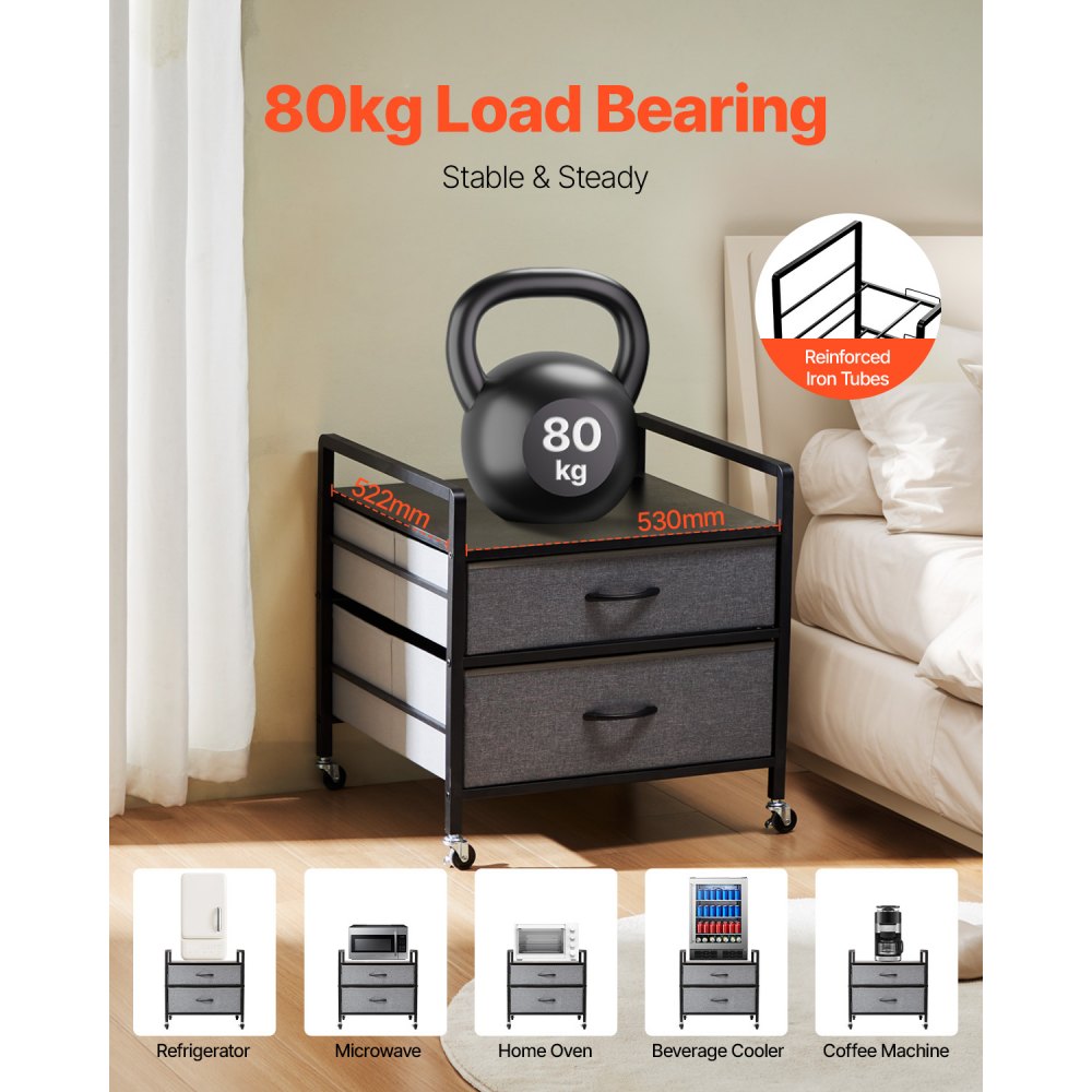 VEVOR Mini Fridge Stand on Wheels, Refrigerator Holder with 80 kg Load Capacity, Mini Fridge Table with 2 Drawers & 4 Swivel Casters, Mobile Fridge Shelf for Dormitory, Apartment, Office, Gray