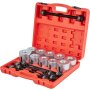 Estuche de transporte rojo con kit de manguitos de extracción y presión VEVOR, que incluye cilindros y pernos de metal.