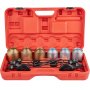 Kit de manguitos de tracción y presión VEVOR en un estuche de transporte naranja con varios manguitos y componentes de metal.