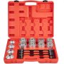 Juego de herramientas de extracción de bujes VEVOR en un estuche de plástico rojo con componentes metálicos variados y varillas roscadas.