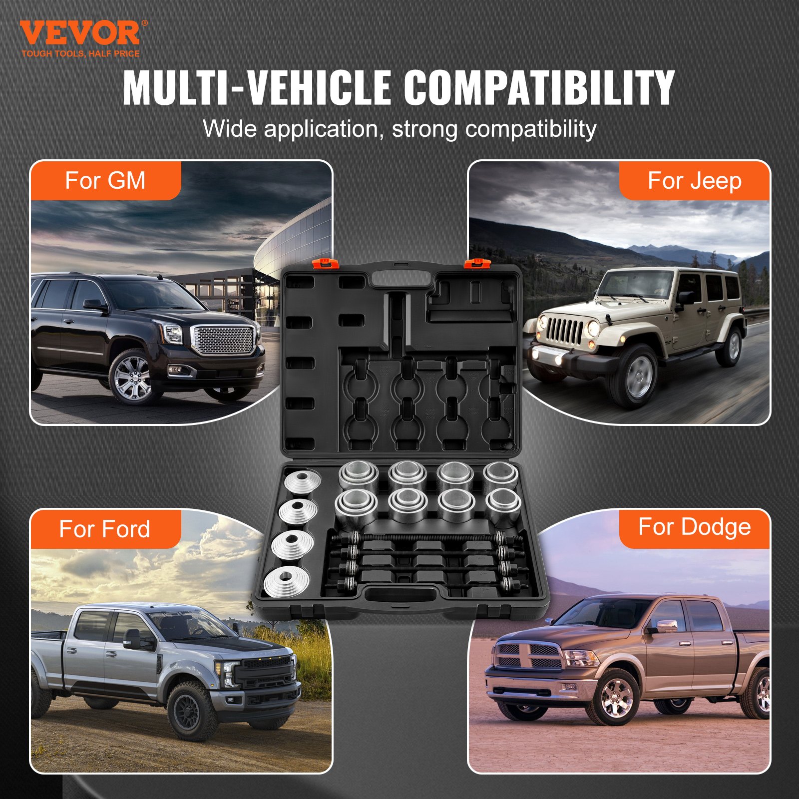 VEVOR - Kit de 36 piezas de manguitos de extracción y presión, juego de extracción e instalación de cojinetes de buje de acero, herramientas de inserción y extracción de bujes con estuche de transporte, compatibilidad con varios vehículos para motores LCV y HGV