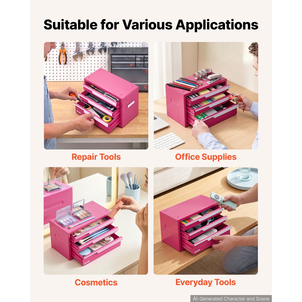 VEVOR Caja de Herramientas de Acero 3 Cajones Portátil con Diseño Magnético, con Revestimientos Protectores, Patas Antideslizantes, Imanes Laterales y Color Rosa para Taller, Garaje y Banco de Trabajo
