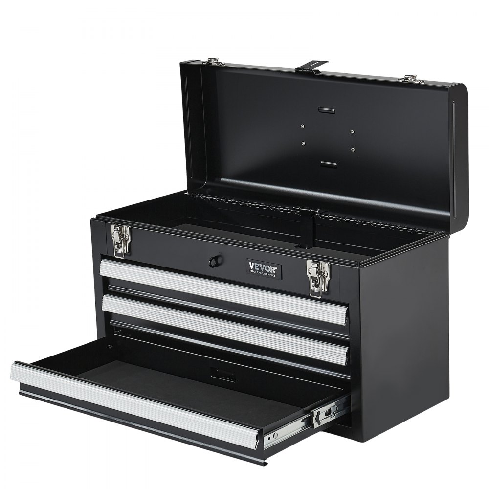 VEVOR Caja de Herramientas Portátil de Metal 520 x 218 x 304 mm, Cofre de Herramientas Pequeño con 3 Cajones y Revestimiento de EVA, Cajones Deslizantes con Cojinetes de Bolas con Cerradura, Negro