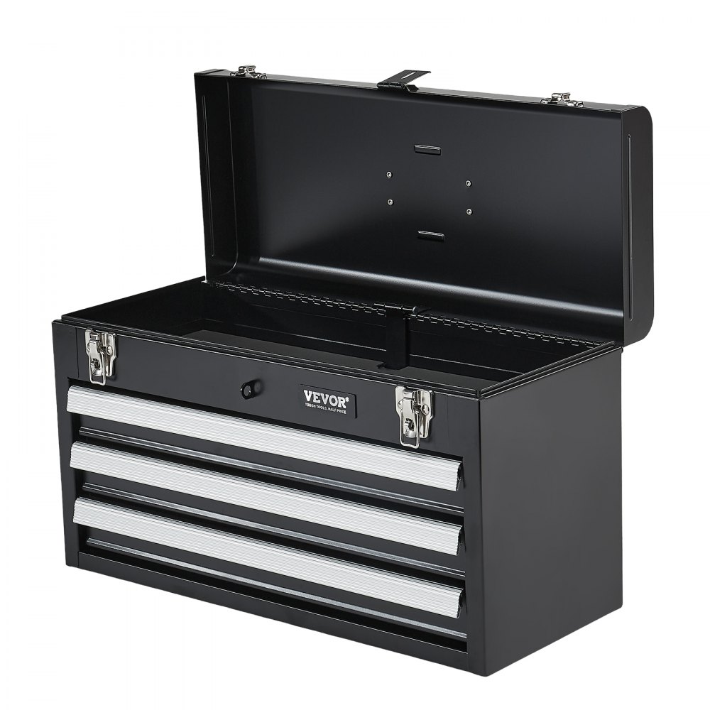 VEVOR Caja de Herramientas Portátil de Metal 520 x 218 x 304 mm, Cofre de Herramientas Pequeño con 3 Cajones y Revestimiento de EVA, Cajones Deslizantes con Cojinetes de Bolas con Cerradura, Negro