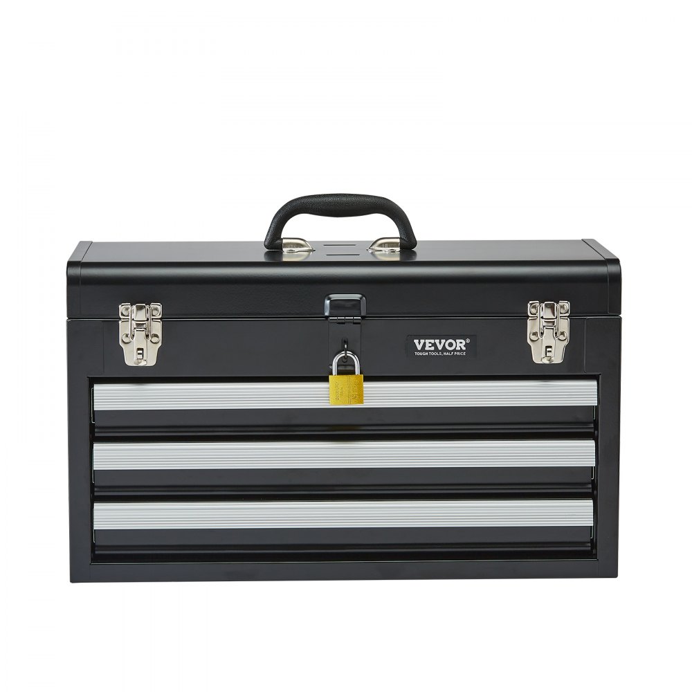 VEVOR Caja de Herramientas Portátil de Metal 520 x 218 x 304 mm, Cofre de Herramientas Pequeño con 3 Cajones y Revestimiento de EVA, Cajones Deslizantes con Cojinetes de Bolas con Cerradura, Negro