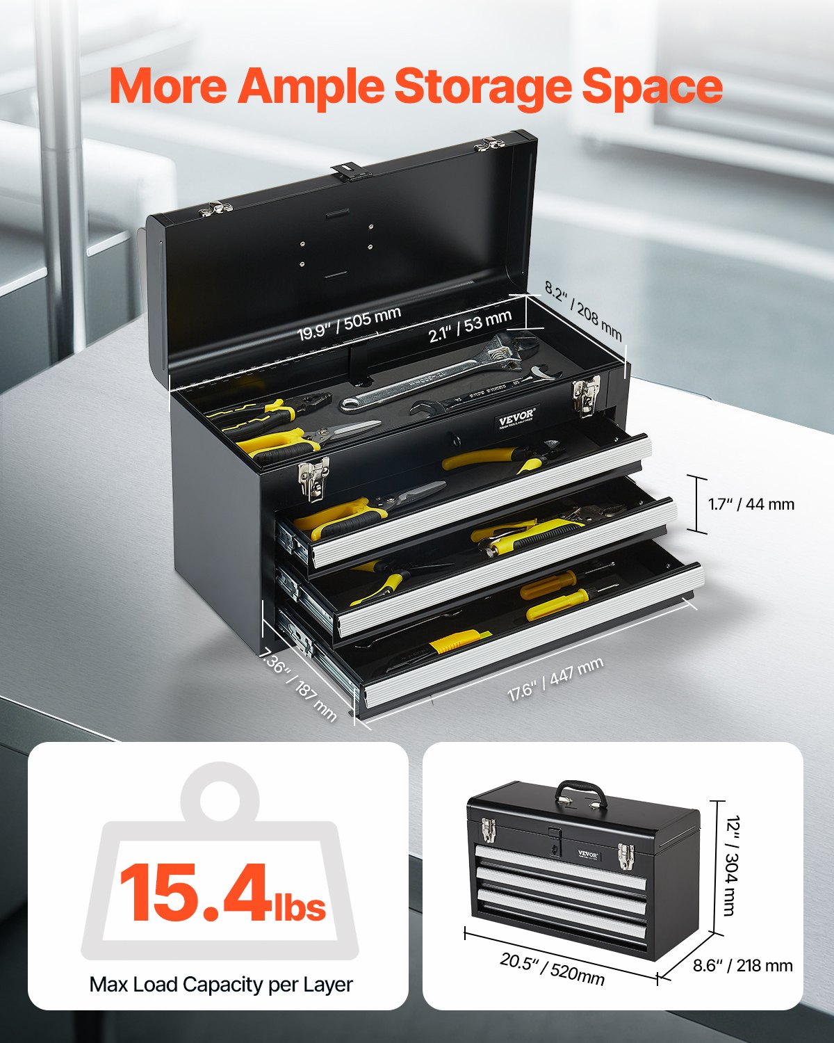 VEVOR Caja de Herramientas Portátil de Metal 520 x 218 x 304 mm, Cofre de Herramientas Pequeño con 3 Cajones y Revestimiento de EVA, Cajones Deslizantes con Cojinetes de Bolas con Cerradura, Negro