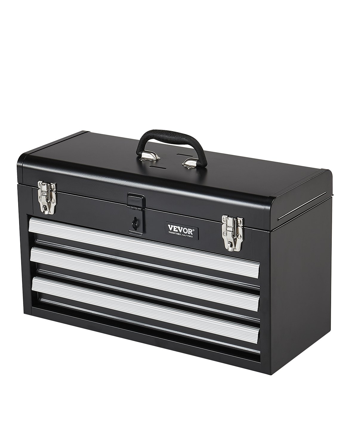 VEVOR Caja de Herramientas Portátil de Metal 520 x 218 x 304 mm, Cofre de Herramientas Pequeño con 3 Cajones y Revestimiento de EVA, Cajones Deslizantes con Cojinetes de Bolas con Cerradura, Negro