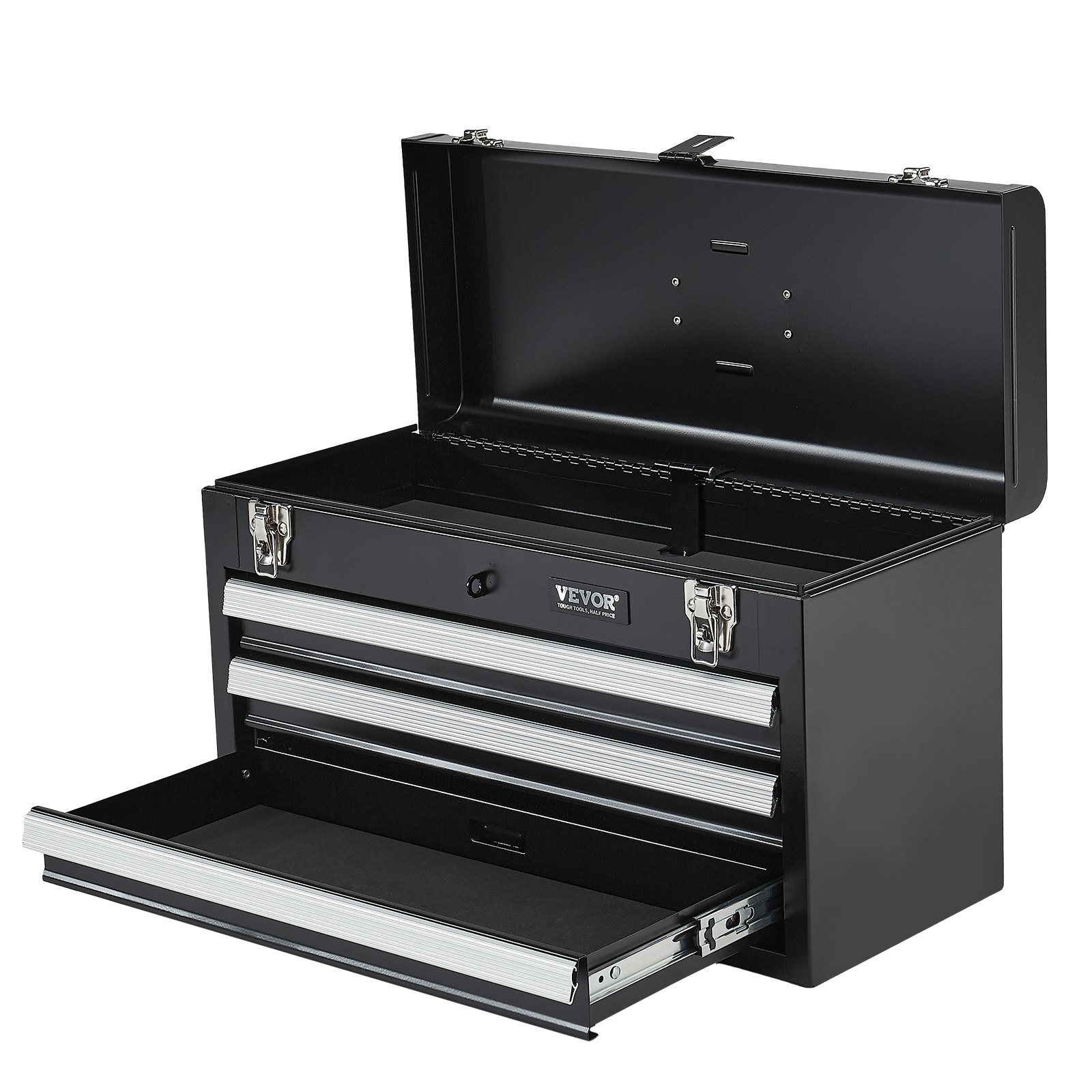 VEVOR Caja de Herramientas Portátil de Metal 520 x 218 x 304 mm, Cofre de Herramientas Pequeño con 3 Cajones y Revestimiento de EVA, Cajones Deslizantes con Cojinetes de Bolas con Cerradura, Negro