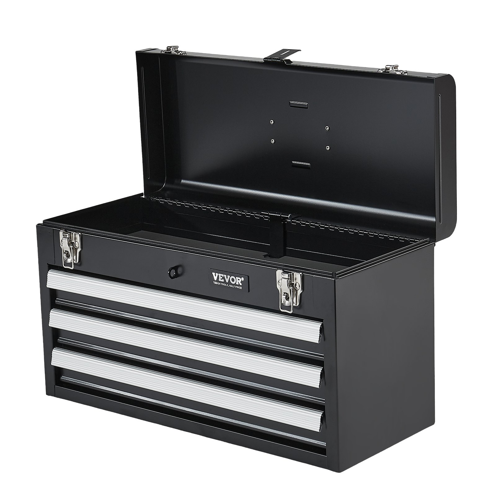 VEVOR Caja de Herramientas Portátil de Metal 520 x 218 x 304 mm, Cofre de Herramientas Pequeño con 3 Cajones y Revestimiento de EVA, Cajones Deslizantes con Cojinetes de Bolas con Cerradura, Negro