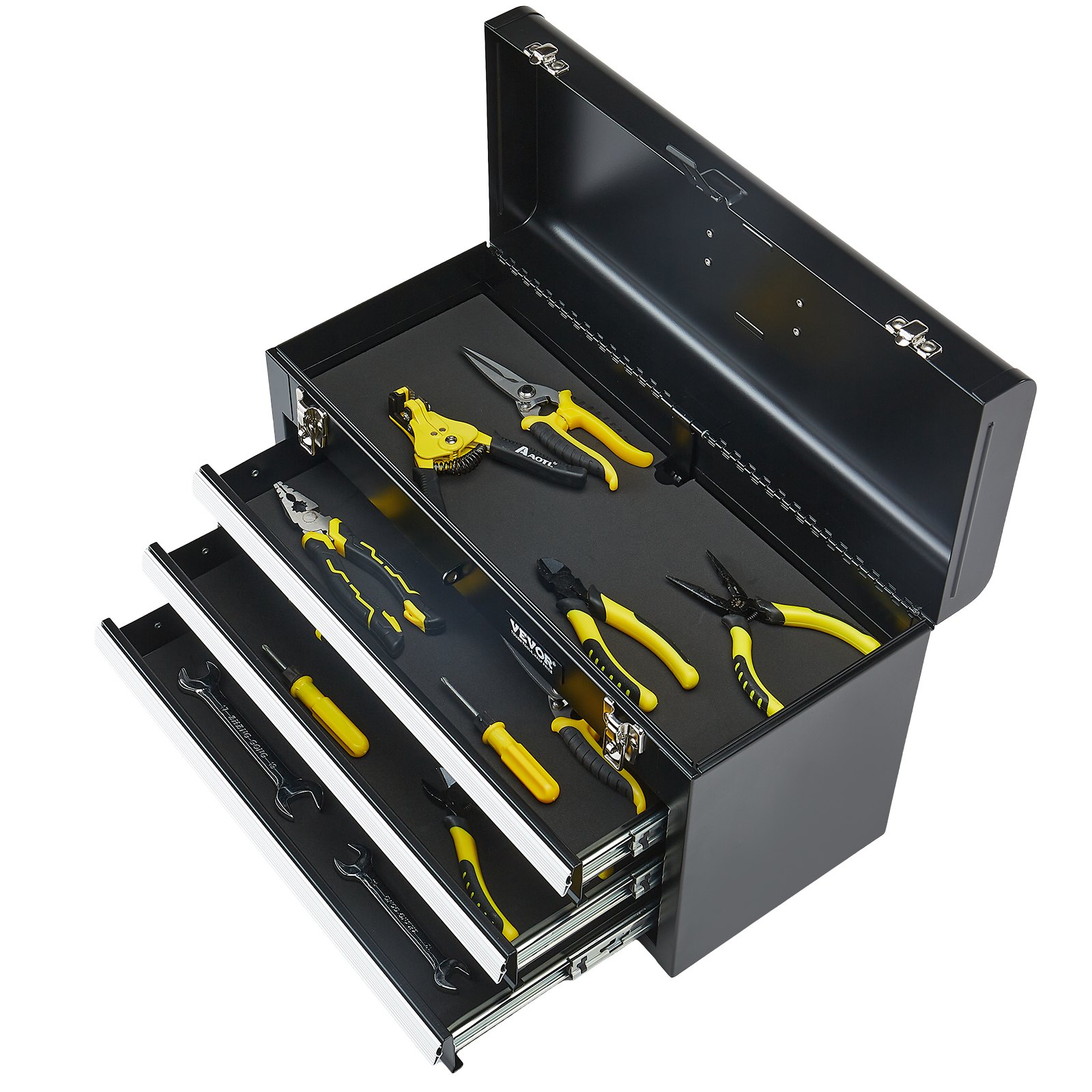 VEVOR Caja de Herramientas Portátil de Metal 520 x 218 x 304 mm, Cofre de Herramientas Pequeño con 3 Cajones y Revestimiento de EVA, Cajones Deslizantes con Cojinetes de Bolas con Cerradura, Negro