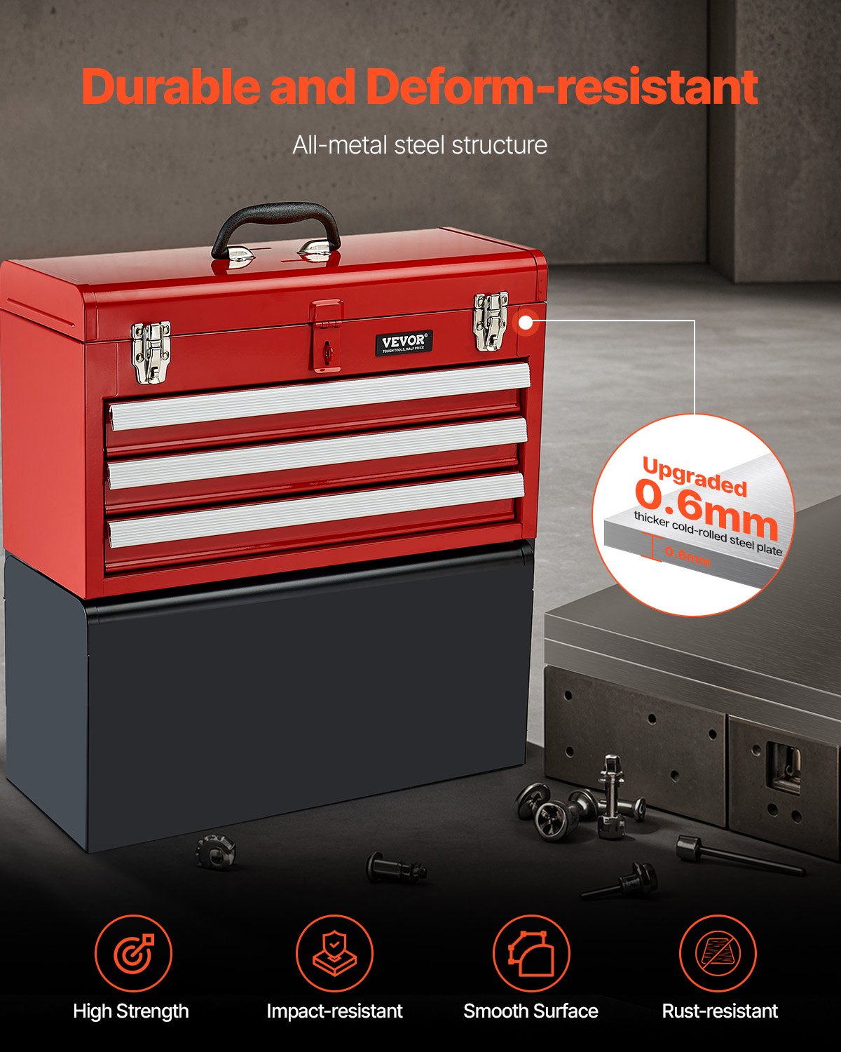 VEVOR Caja de Herramientas Portátil de Metal 520 x 218 x 304 mm, Cofre de Herramientas Pequeño con 3 Cajones y Revestimiento de EVA, Cajones Deslizantes con Cojinetes de Bolas con Cerradura, Rojo