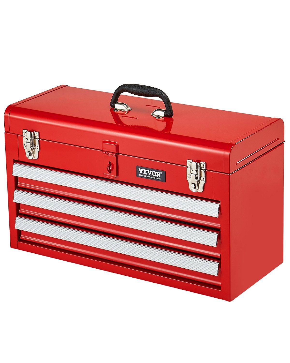 VEVOR Caja de Herramientas Portátil de Metal 520 x 218 x 304 mm, Cofre de Herramientas Pequeño con 3 Cajones y Revestimiento de EVA, Cajones Deslizantes con Cojinetes de Bolas con Cerradura, Rojo