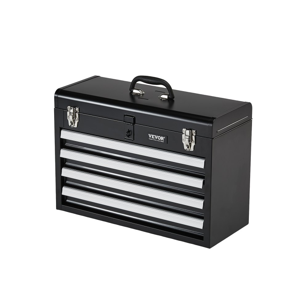 VEVOR Caja de Herramientas Portátil de Metal 520 x 218 x 361 mm, Cofre de Herramientas Pequeño con 4 Cajones y Revestimiento de EVA, Cajones Deslizantes con Cojinetes de Bolas con Cerradura, Negro