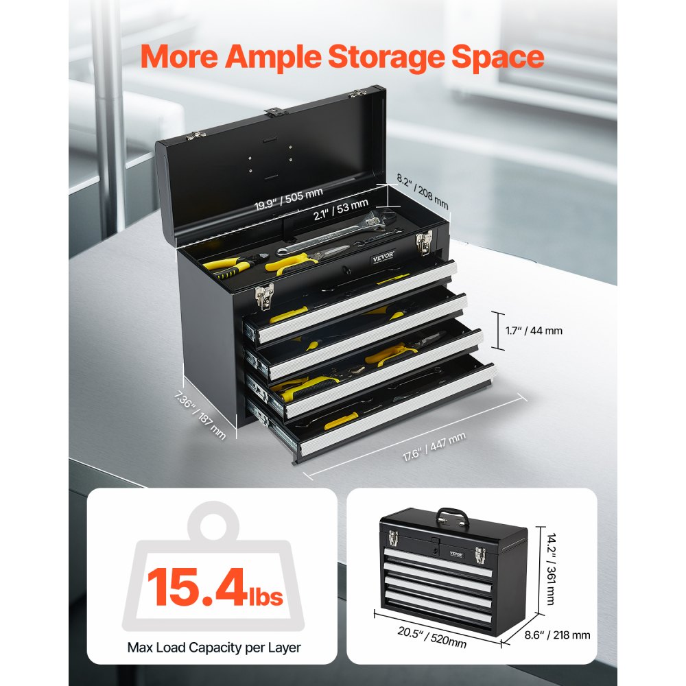 VEVOR Caja de Herramientas Portátil de Metal 520 x 218 x 361 mm, Cofre de Herramientas Pequeño con 4 Cajones y Revestimiento de EVA, Cajones Deslizantes con Cojinetes de Bolas con Cerradura, Negro