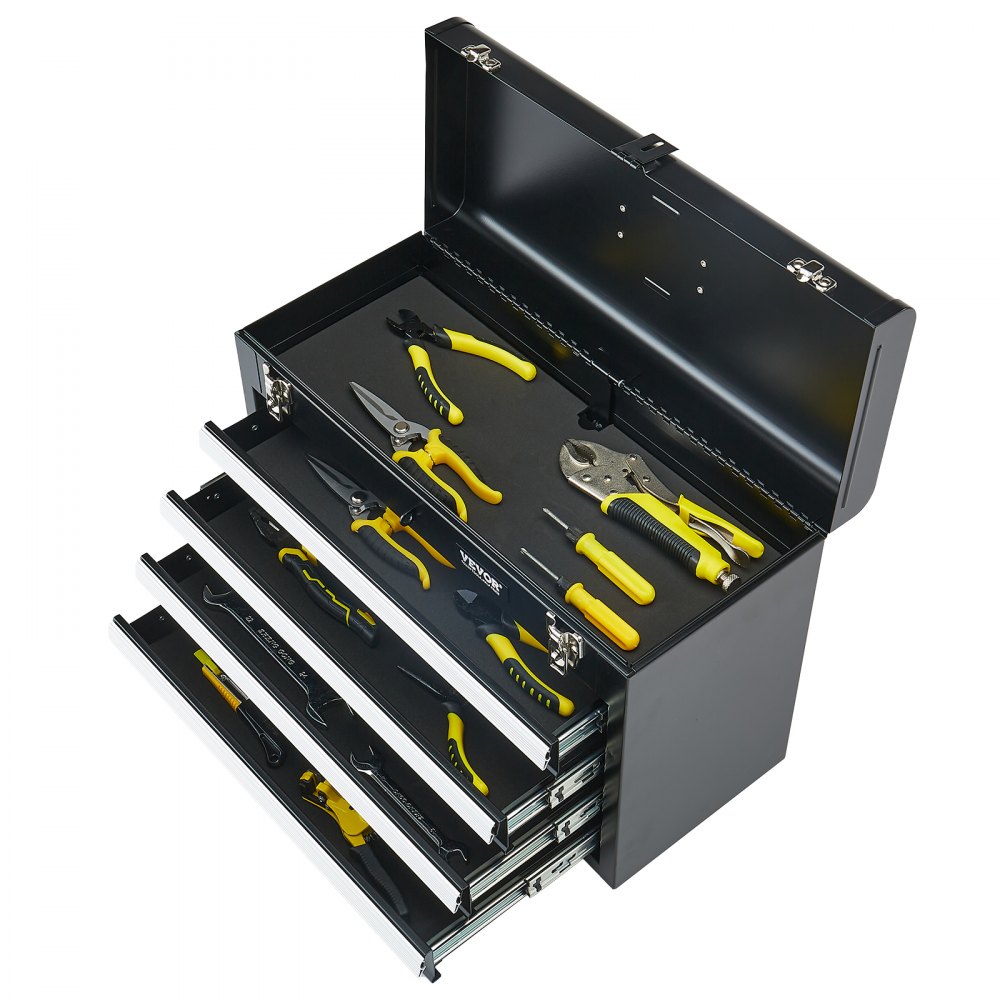 VEVOR Caja de Herramientas Portátil de Metal 520 x 218 x 361 mm, Cofre de Herramientas Pequeño con 4 Cajones y Revestimiento de EVA, Cajones Deslizantes con Cojinetes de Bolas con Cerradura, Negro