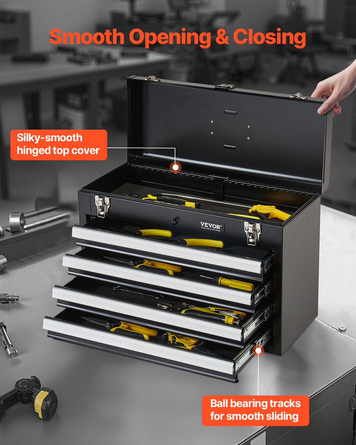 VEVOR Caja de Herramientas Portátil de Metal 520 x 218 x 361 mm, Cofre de Herramientas Pequeño con 4 Cajones y Revestimiento de EVA, Cajones Deslizantes con Cojinetes de Bolas con Cerradura, Negro