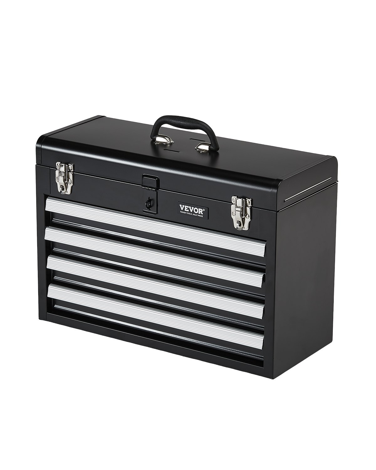 VEVOR Caja de Herramientas Portátil de Metal 520 x 218 x 361 mm, Cofre de Herramientas Pequeño con 4 Cajones y Revestimiento de EVA, Cajones Deslizantes con Cojinetes de Bolas con Cerradura, Negro