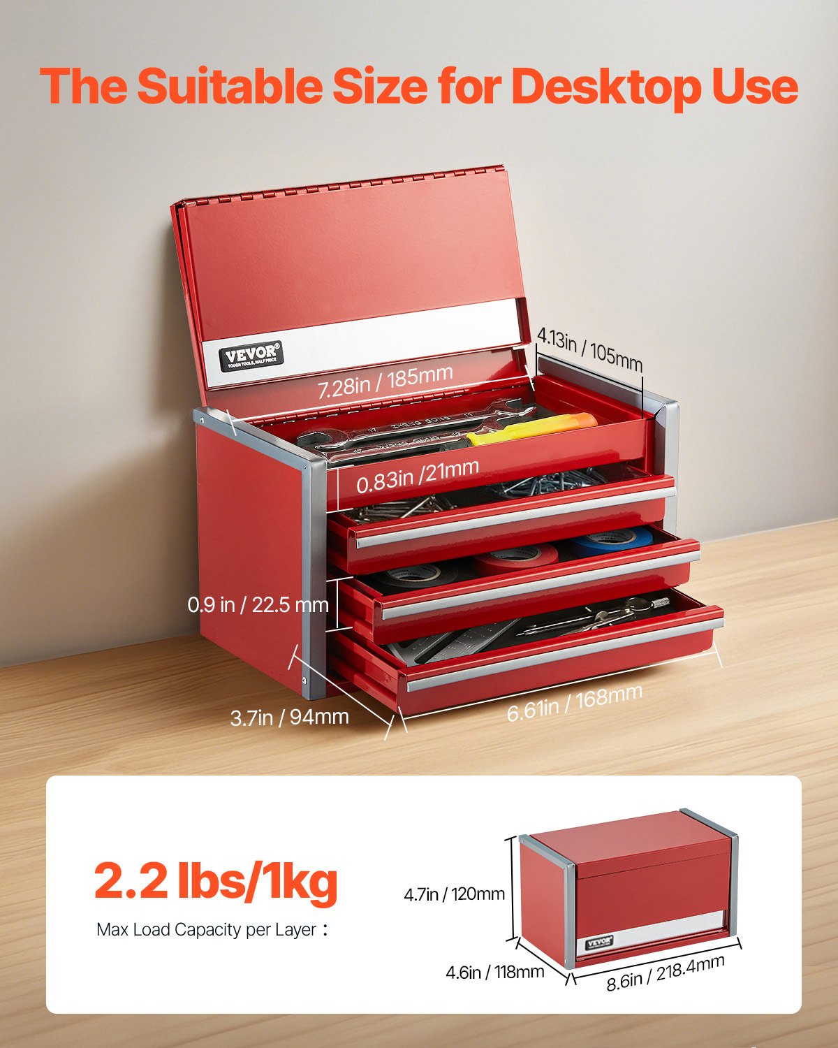 VEVOR Caja de Herramientas de Metal Portátil 218,4 x 118 x 120 mm con 3 Cajones, Revestimiento de EVA y Almohadillas de PP para Pies, Apertura de Cojinete de Bolas y Recubrimiento en Polvo, Rojo