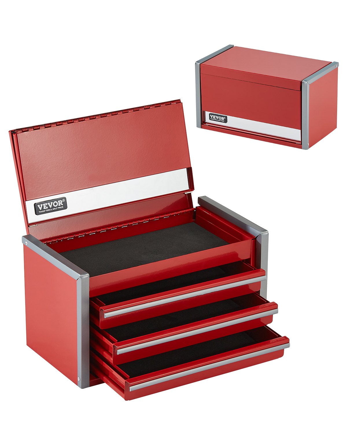 VEVOR Caja de Herramientas de Metal Portátil 218,4 x 118 x 120 mm con 3 Cajones, Revestimiento de EVA y Almohadillas de PP para Pies, Apertura de Cojinete de Bolas y Recubrimiento en Polvo, Rojo