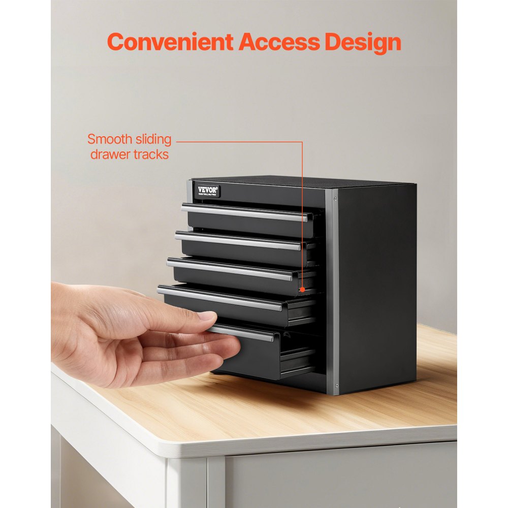 VEVOR Caja de Herramientas Portátil de Metal 218 x 118 x 205 mm, Cofre de Herramientas Pequeño con 5 Cajones, Revestimiento de EVA y Almohadillas de PP para Pies, Caja de Acero Resistente, Negro