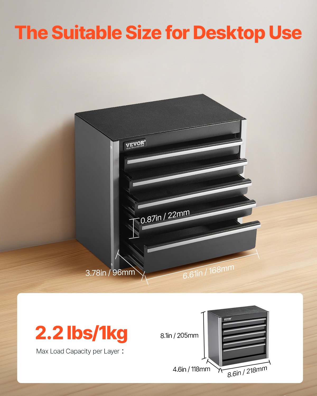 VEVOR Caja de Herramientas Portátil de Metal 218 x 118 x 205 mm, Cofre de Herramientas Pequeño con 5 Cajones, Revestimiento de EVA y Almohadillas de PP para Pies, Caja de Acero Resistente, Negro