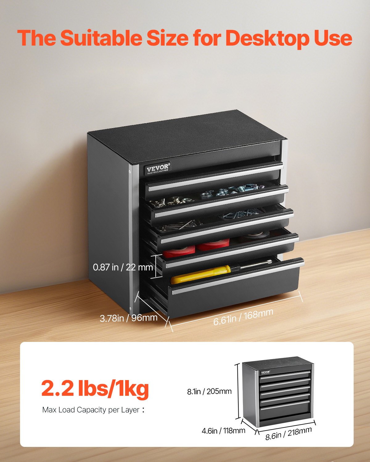 VEVOR Caja de Herramientas Portátil de Metal 218 x 118 x 205 mm, Cofre de Herramientas Pequeño con 5 Cajones, Revestimiento de EVA y Almohadillas de PP para Pies, Caja de Acero Resistente, Negro