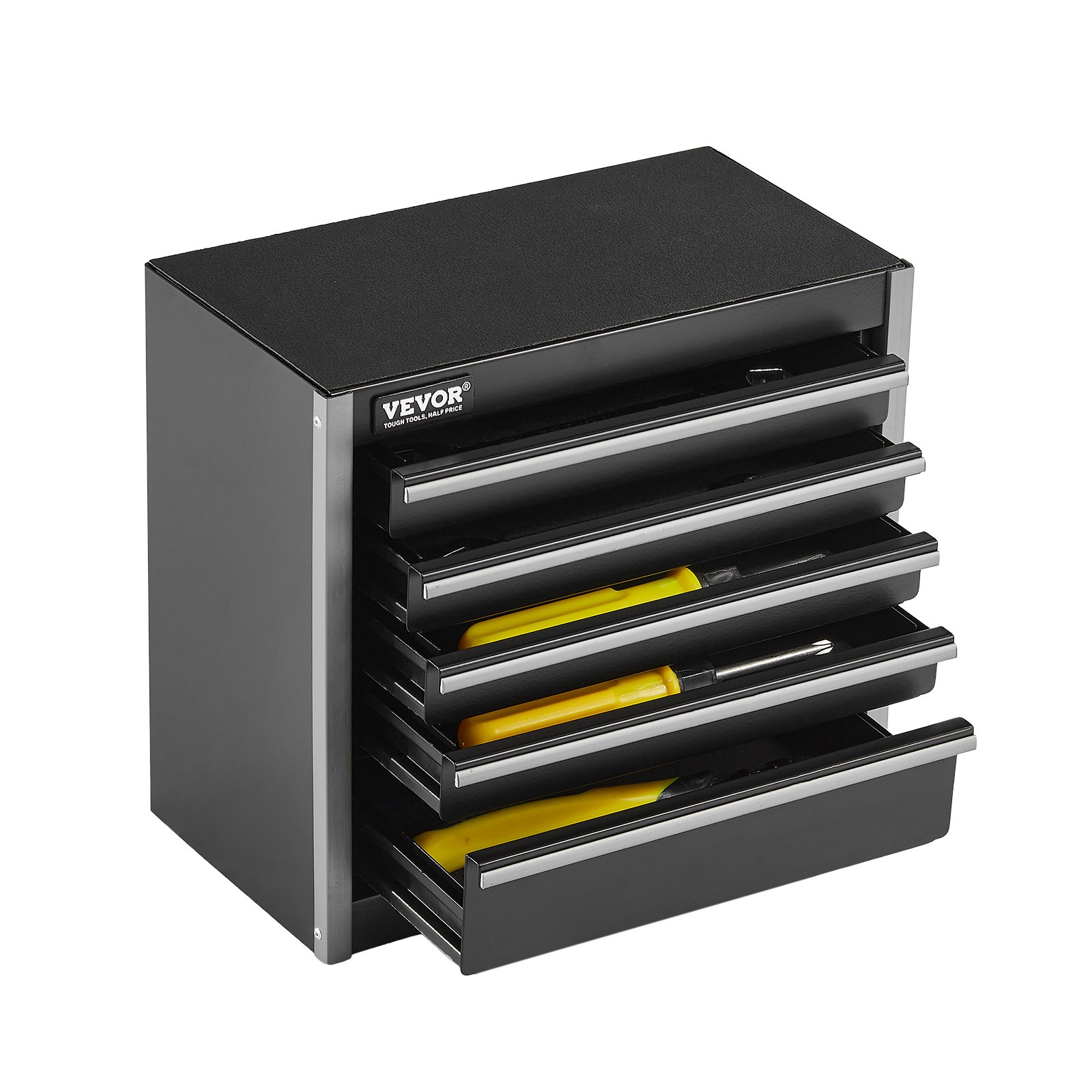 VEVOR Caja de Herramientas Portátil de Metal 218 x 118 x 205 mm, Cofre de Herramientas Pequeño con 5 Cajones, Revestimiento de EVA y Almohadillas de PP para Pies, Caja de Acero Resistente, Negro