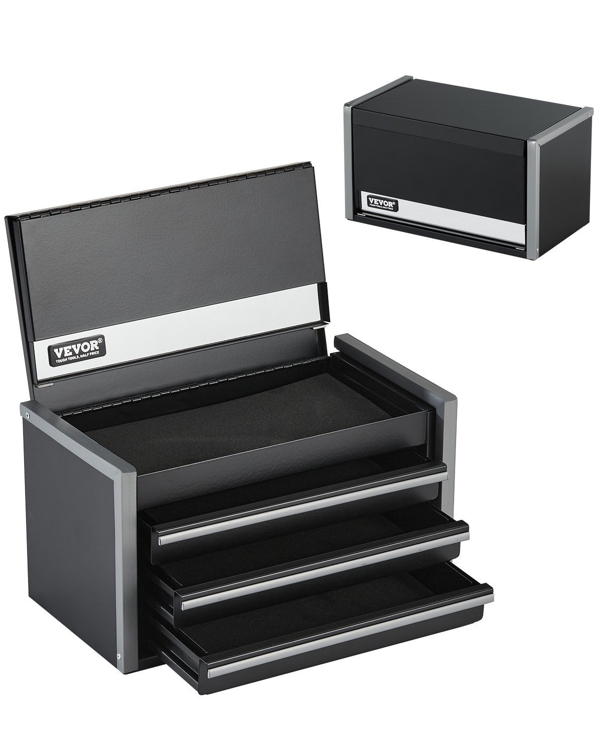 VEVOR Caja de Herramientas Portátil de Metal 218,4 x 118 x 120 mm, Cofre de Herramientas Pequeño con 3 Cajones, Revestimiento de EVA y Almohadillas de PP para Pies, Caja de Acero Resistente, Negro