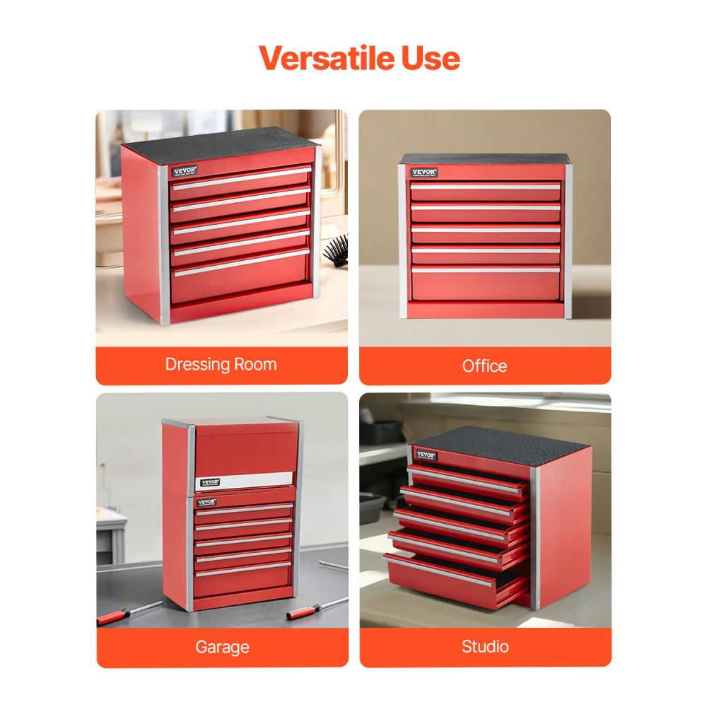 VEVOR Caja de Herramientas Portátil de Metal 218 x 118 x 205 mm, Cofre de Herramientas Pequeño con 5 Cajones, Revestimiento de EVA y Almohadillas de PP para Pies, Caja de Acero Resistente, Rojo