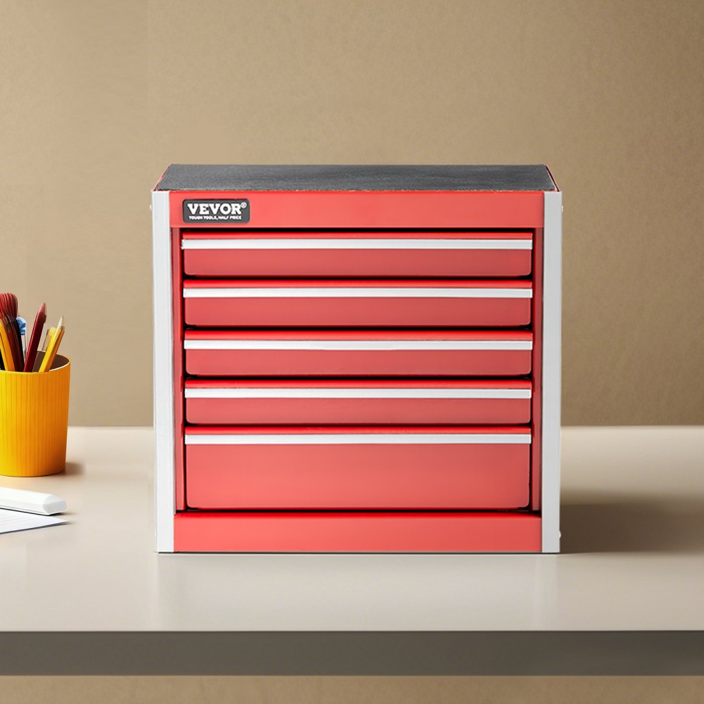 VEVOR Caja de Herramientas Portátil de Metal 218 x 118 x 205 mm, Cofre de Herramientas Pequeño con 5 Cajones, Revestimiento de EVA y Almohadillas de PP para Pies, Caja de Acero Resistente, Rojo