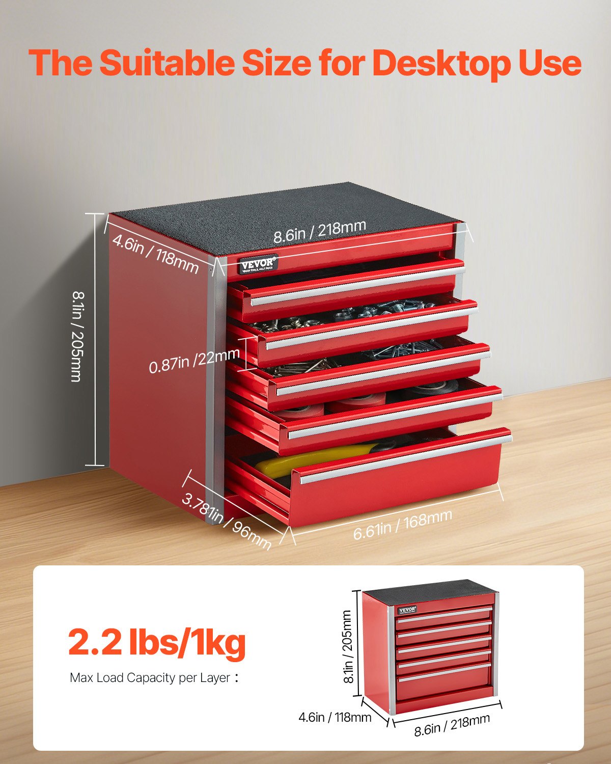 VEVOR Caja de Herramientas Portátil de Metal 218 x 118 x 205 mm, Cofre de Herramientas Pequeño con 5 Cajones, Revestimiento de EVA y Almohadillas de PP para Pies, Caja de Acero Resistente, Rojo